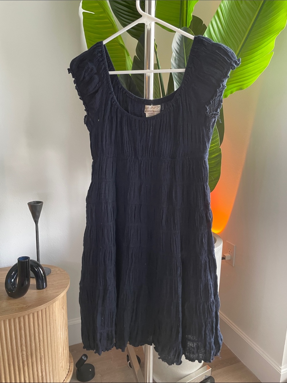 Navy Crinkle Scoop Neck Tunic Dress - Casual Women's Top